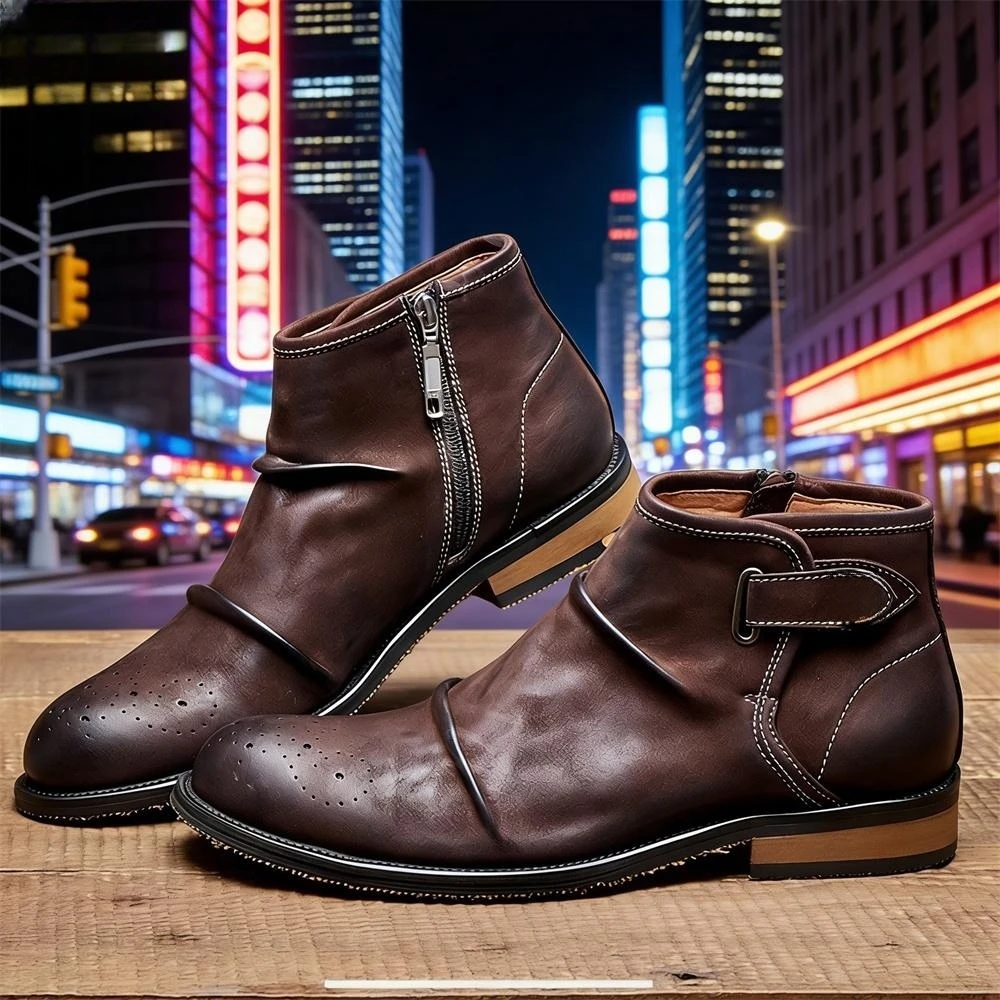 Formal Men Daily Wear Footwear - メンズブローグトゥアンクルブーツ、バックルストラップジッパー付きフォーマルポリッシュレザーブーツ、快適なビジネスシューズ、デイリーウェアに最適