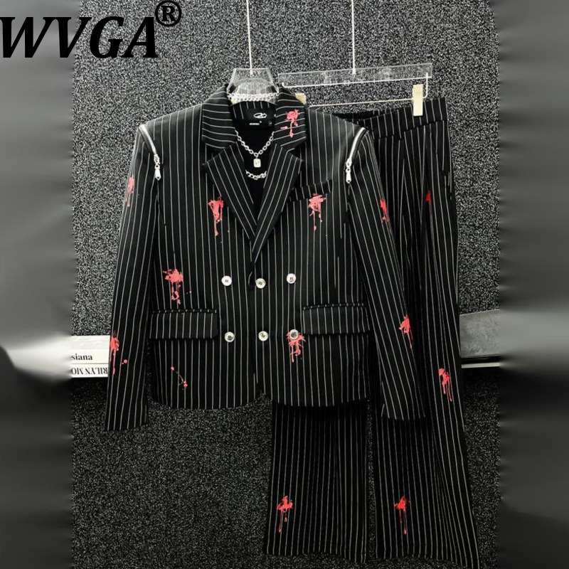 Men'S Gothic Formal Wear - WVGA 春秋メンズフォーマルスーツセットスリムフィットショートブレザーパンツビジネスオフィスウェア衣装韓国風ストライプイン W21568