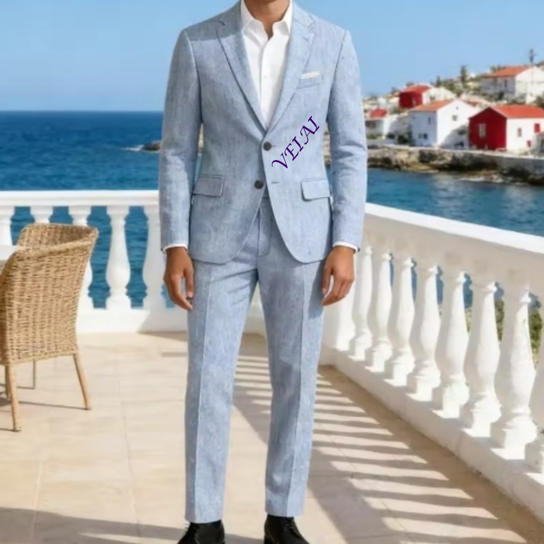Men'S Formal Beach Wear - カスタマイズされたソフトスカイブルーリネン2ピーススーツ、スリムカットノッチラペルジャケットとパンツ、多用途スマートカジュアルビーチウェディング衣装