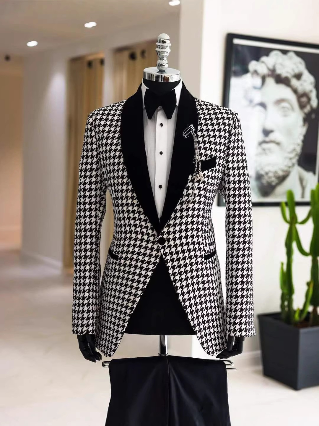 Men Formal Wear Clothes - エレガントなハウンドトゥース柄のメンズカスタムスーツ 2ピース ブレザーとパンツセットまたはショール イブニングパーティーウェア カジュアルウェア