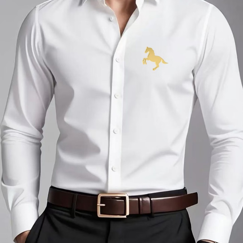 Men Formal Wear Shop - エレガントな金馬ロゴプリントメンズシャツ、スリムフィット長袖カジュアルフォーマルオフィスウェアブラウス