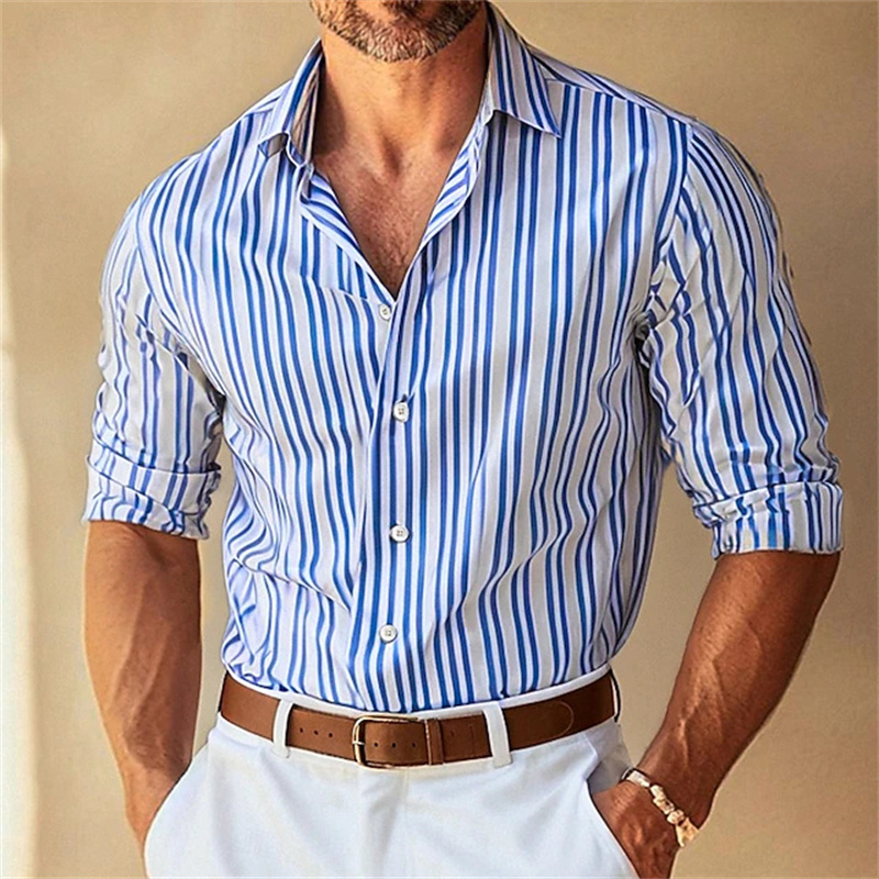 Men Formal Wear Shop - 10色展開 メンズフォーマル ラペルボタンダウン ストライプカラー 長袖シャツ ブラック