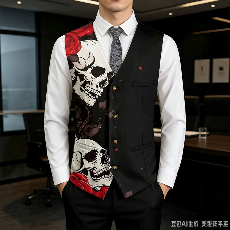 Men'S Gothic Formal Wear - メンズスーツベスト トレンディクール スカルローズプリント カジュアルアウターベスト ダークゴシック ストリートウェア