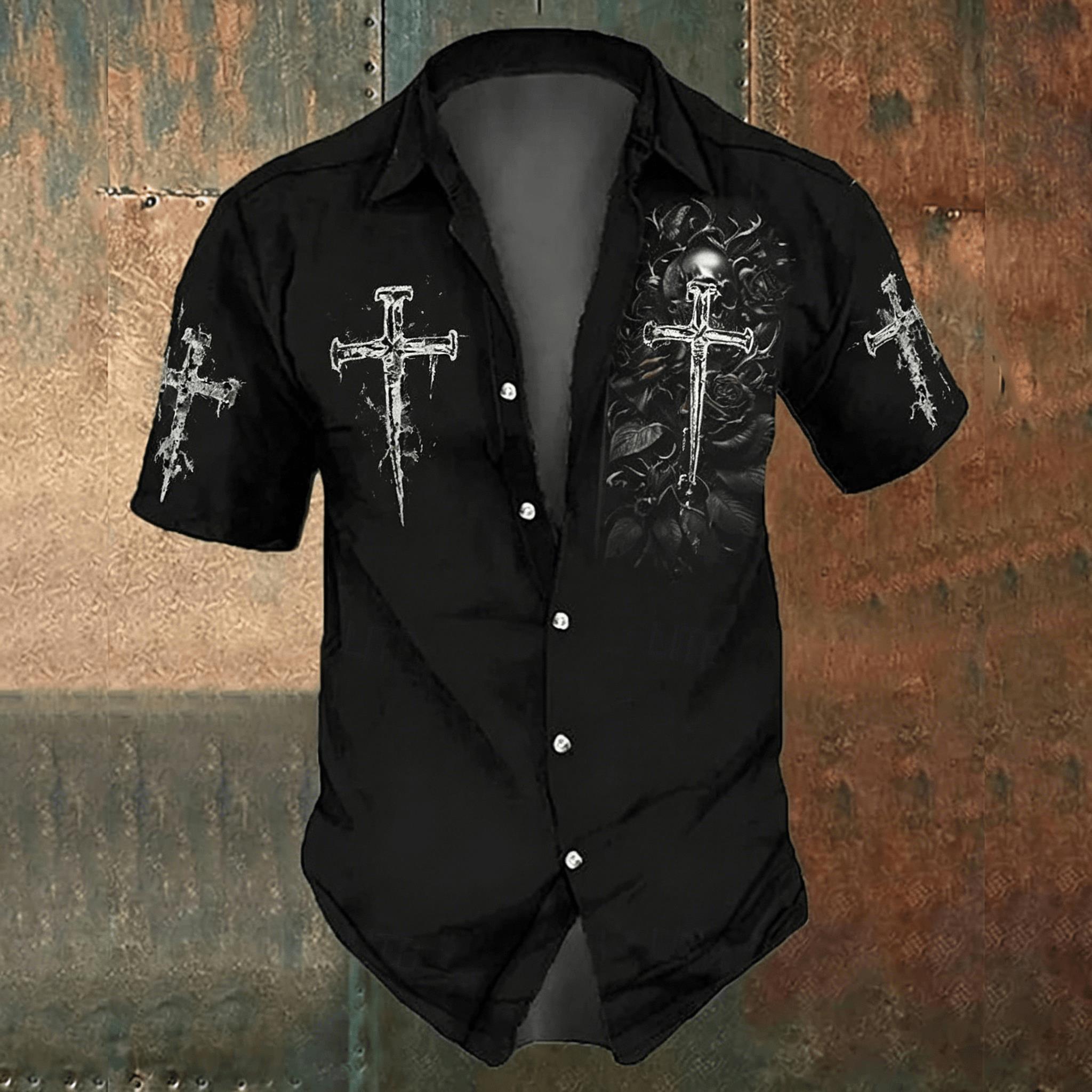 Men'S Gothic Formal Wear - メンズブラッククロスプリントカジュアルシャツ、ゴシックスタイル、春夏向け、ビーチバケーションカジュアルウェア
