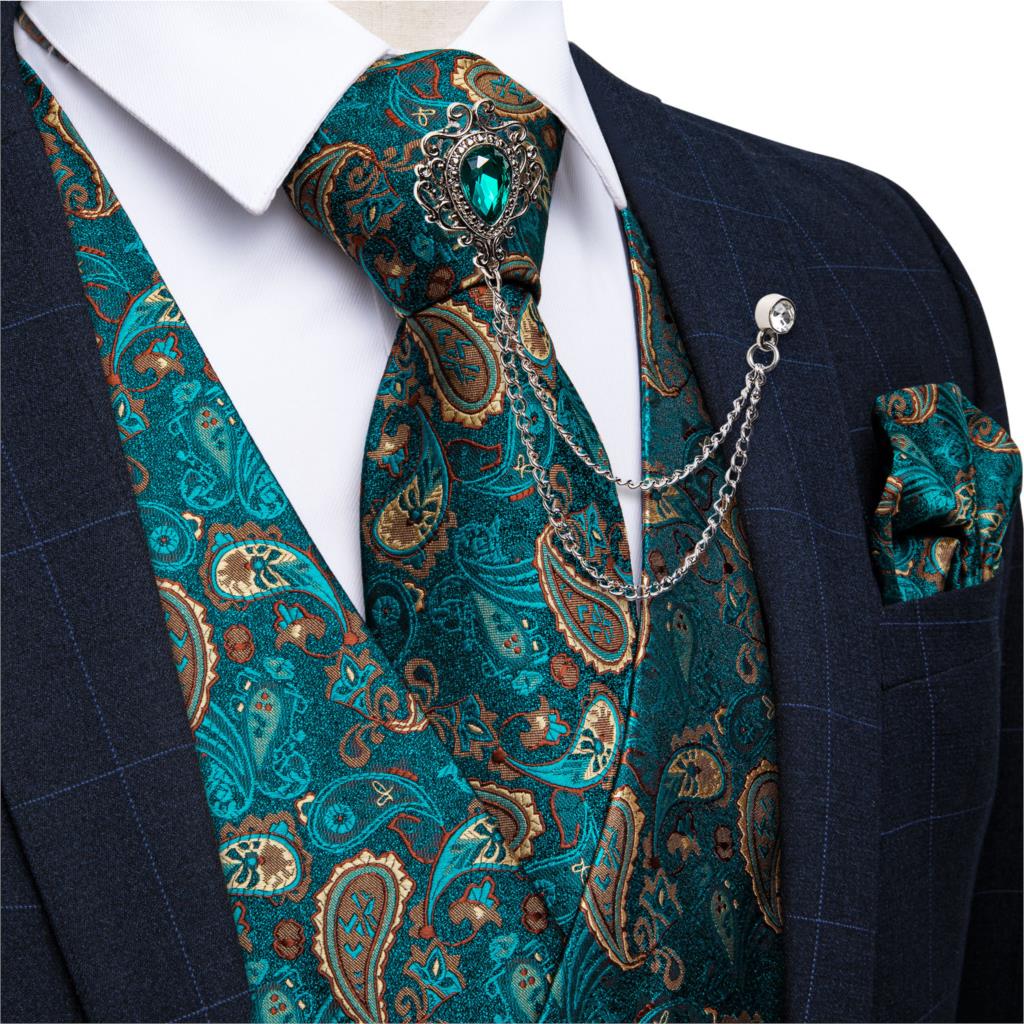 Formal Vest Waistcoat - 新しいティールグリーンのペイズリー柄フォーマルドレスベスト メンズスーツベスト タイ ブローチ ポケットチーフセット タキシード用
