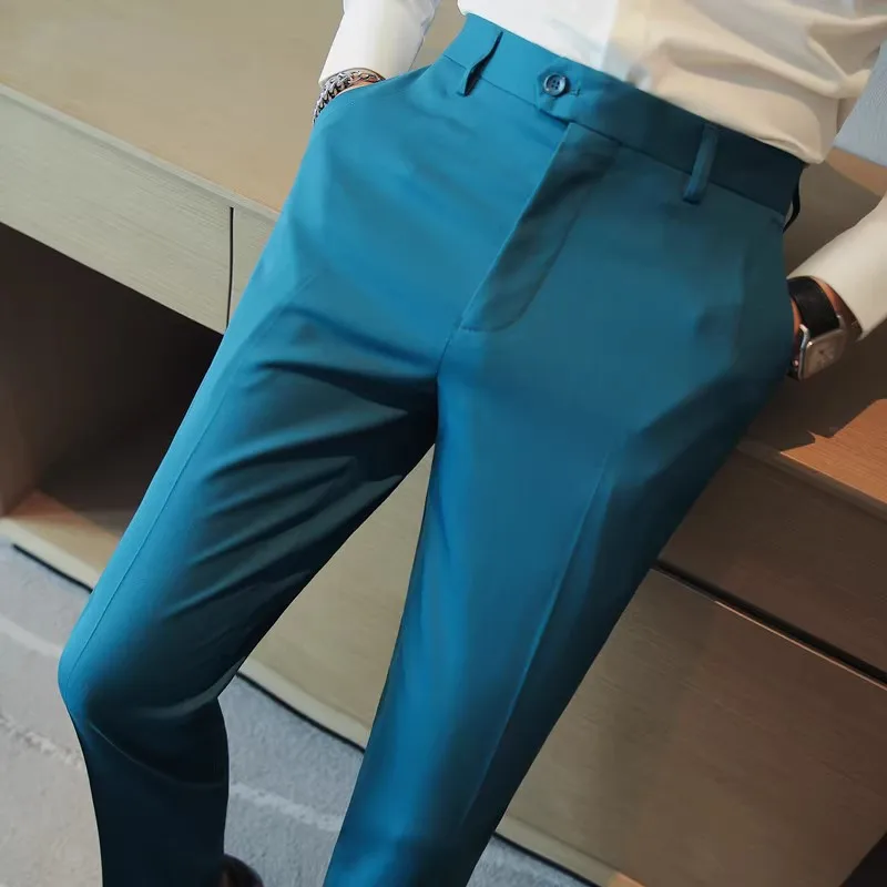 Men Formal Wear Shop - ポップメンソリッドウェディングドレストラウザーズ高品質メンズフォーマルウェア スーツパンツ男性ブリティッシュスタイルスリムフィットビジネスカジュアルスーツP