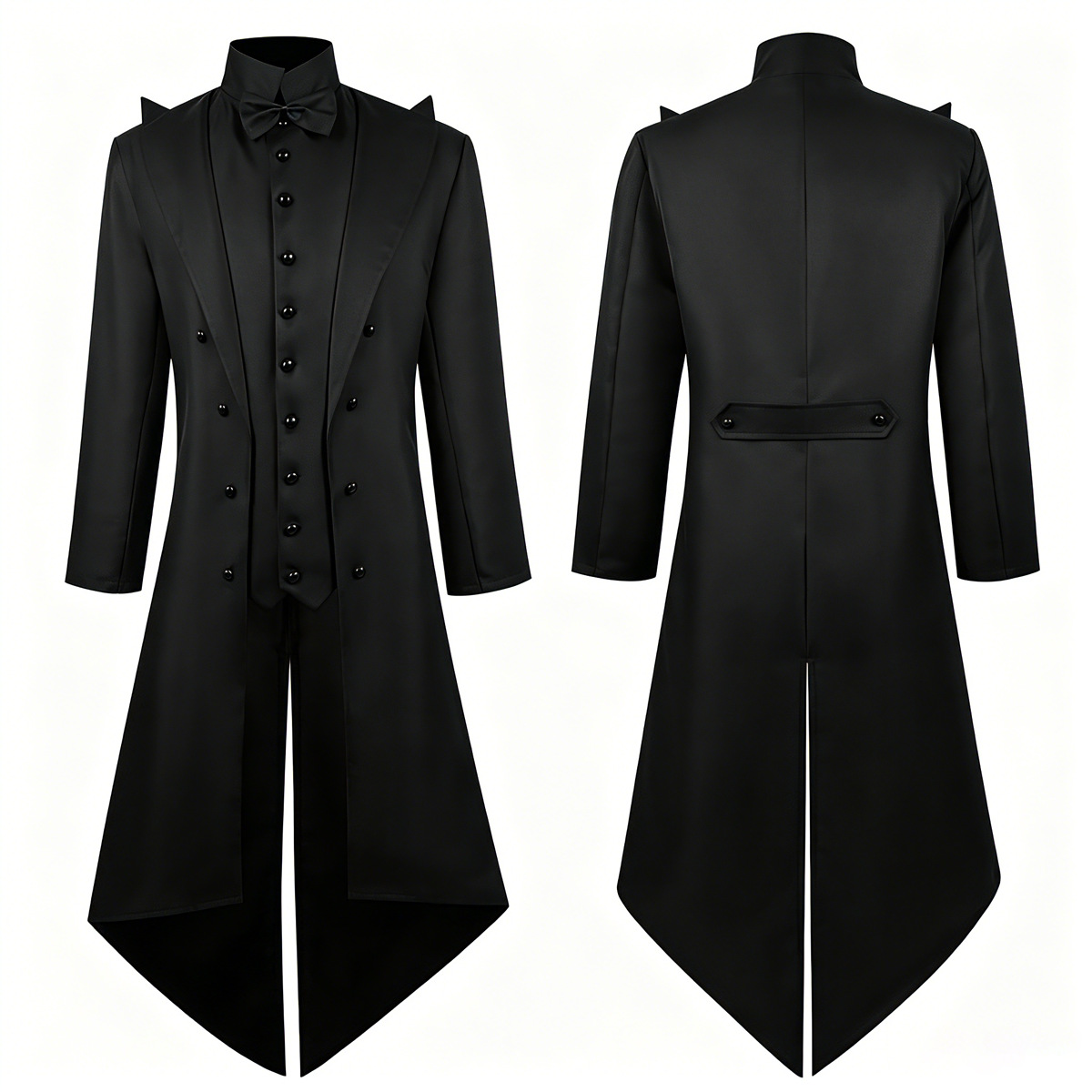 Men'S Gothic Formal Wear - ヴィンテージゴシックメンズ燕尾服中世紳士ロングトレンチコートスタンドカラーボウタイパフォーマンスステージ衣装フォーマルウェア
