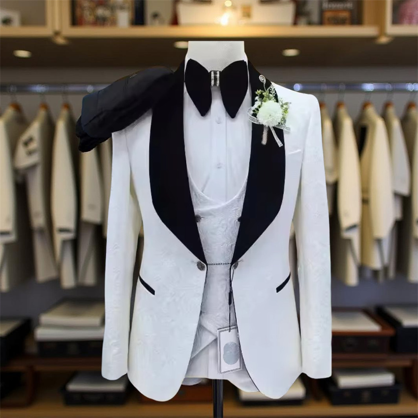 Men Formal Wear 2025 - メンズ用花柄ウェディングスーツ3点セット スリムフィット グルームタキシード ジャカード グルームズマン フォーマル