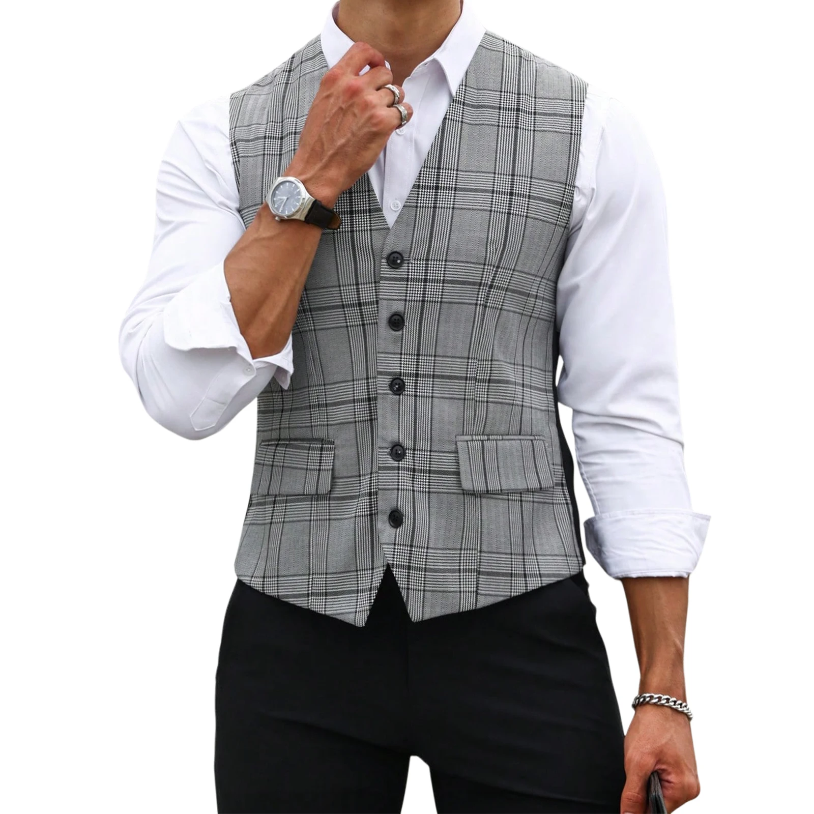 Formal Vest Waistcoat - 男性グレーチェック柄スーツベストスリムフィット V ネックシングルブレストチョッキフォーマルビジネス結婚式ノースリーブジャケット調節可能