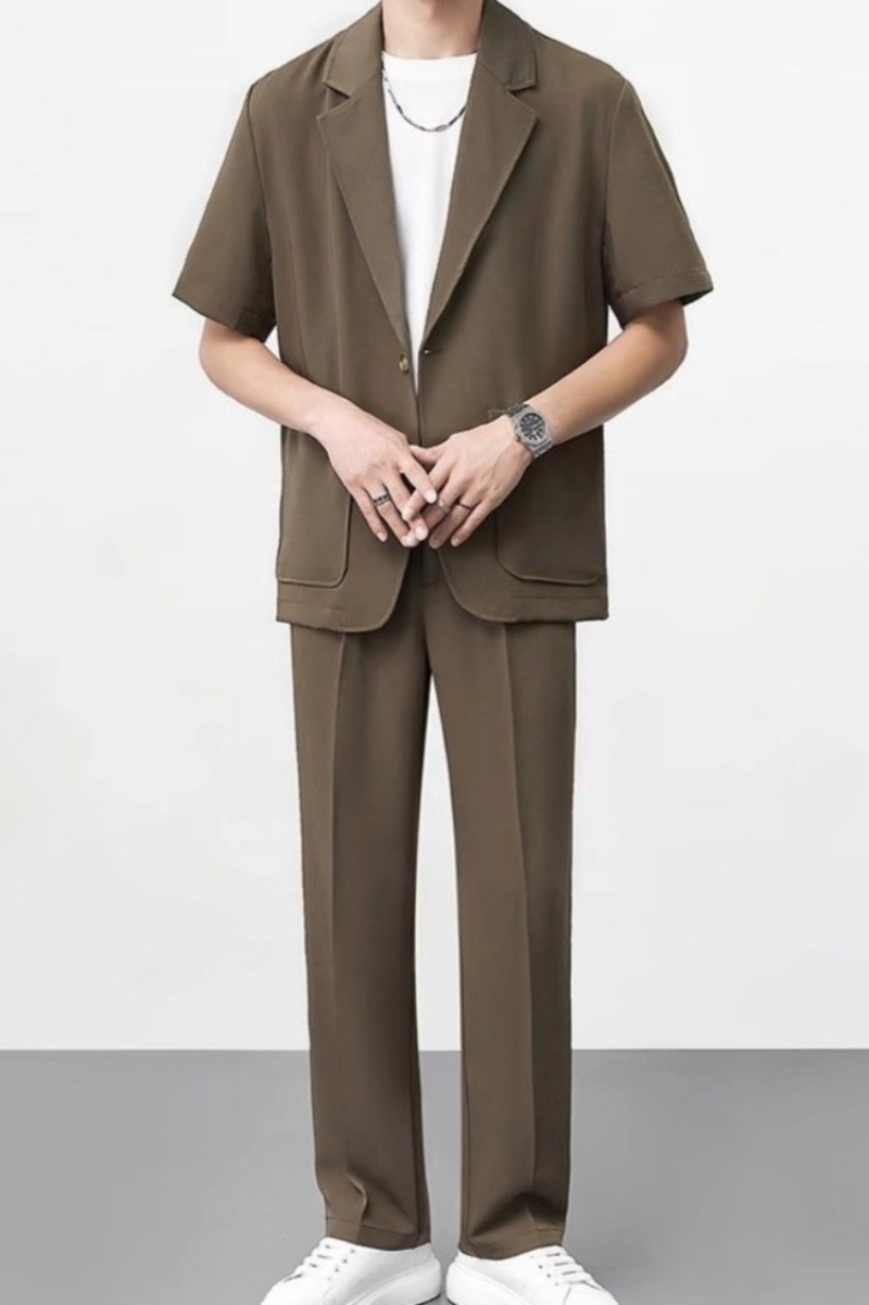 Men Formal Wear Shop - ​ 薄い夏用スーツジャケット男性用トレンディなオフィスウェア軽量半袖ブレザーシングルブレストデザイン ​