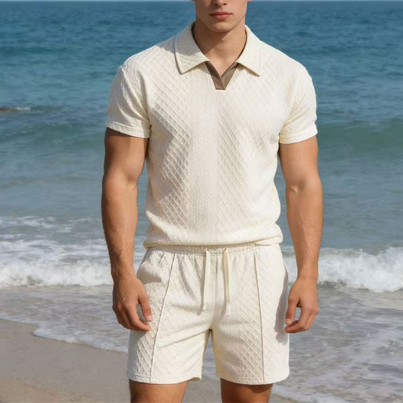 Men'S Formal Beach Wear - 2026年夏100kgメンズスーツ無地ワッフルラペルスリムフィットカジュアルファッションジップアップ半袖シャツスーツショーツプルオーバーセット