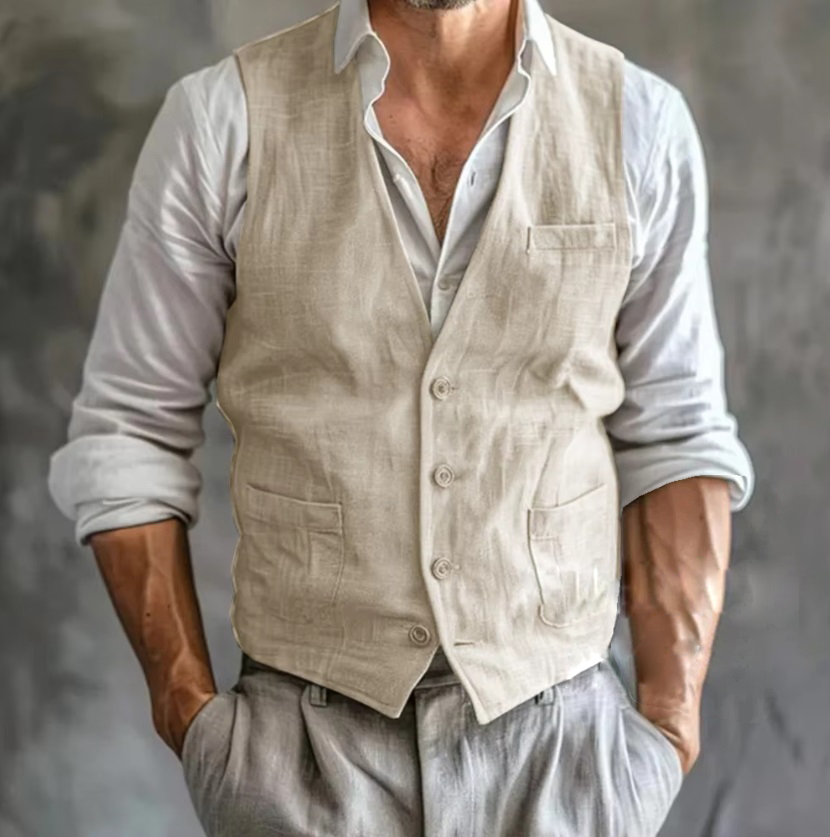 男性用ノースリーブリネンベスト,ポケット付き,通気性のあるサ - Formal Vest Waistcoat のレビューと価格