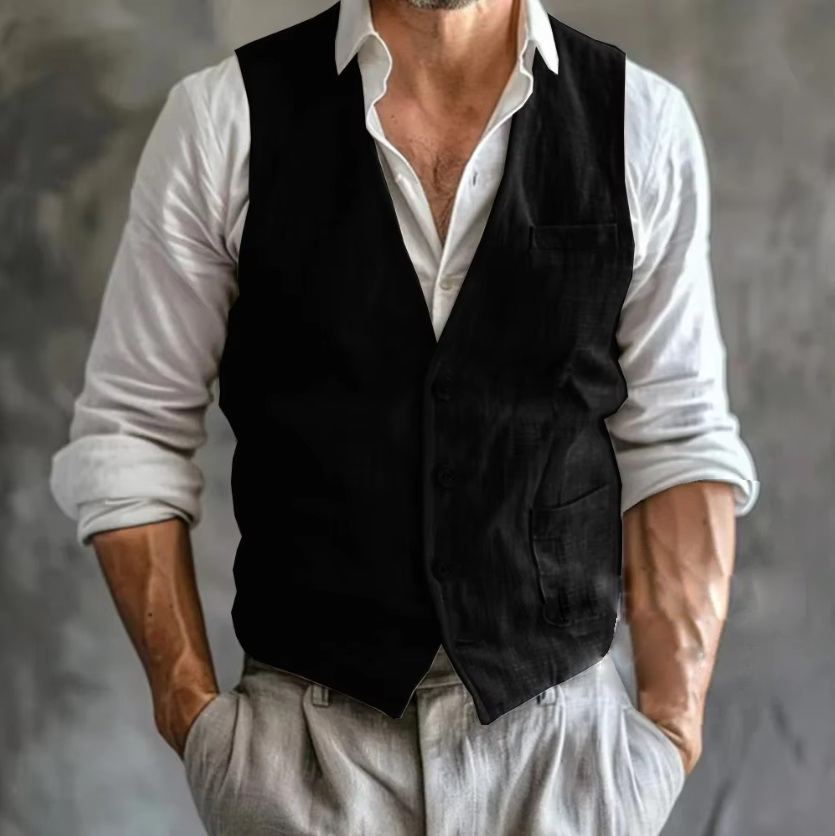 男性用ノースリーブリネンベスト,ポケット付き,通気性のあるサ - Formal Vest Waistcoat のレビューと価格