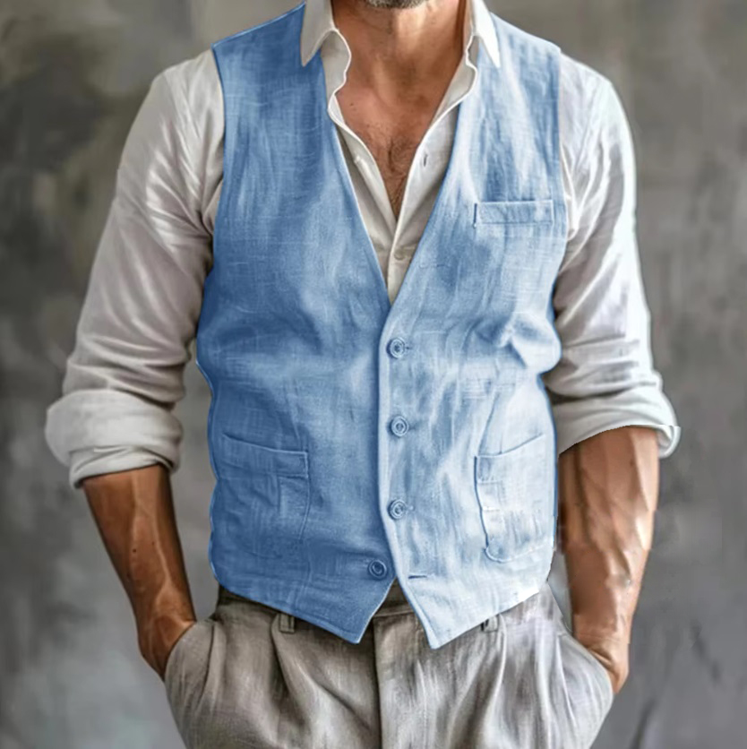 男性用ノースリーブリネンベスト,ポケット付き,通気性のあるサ - Formal Vest Waistcoat のレビューと価格