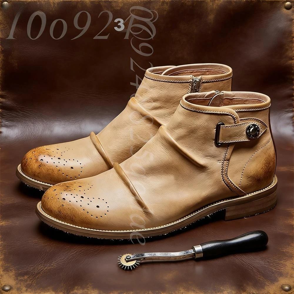メンズブローグトゥアンクルブーツ、バックルストラップジッパー - Formal Men Daily Wear Footwear のレビューと価格