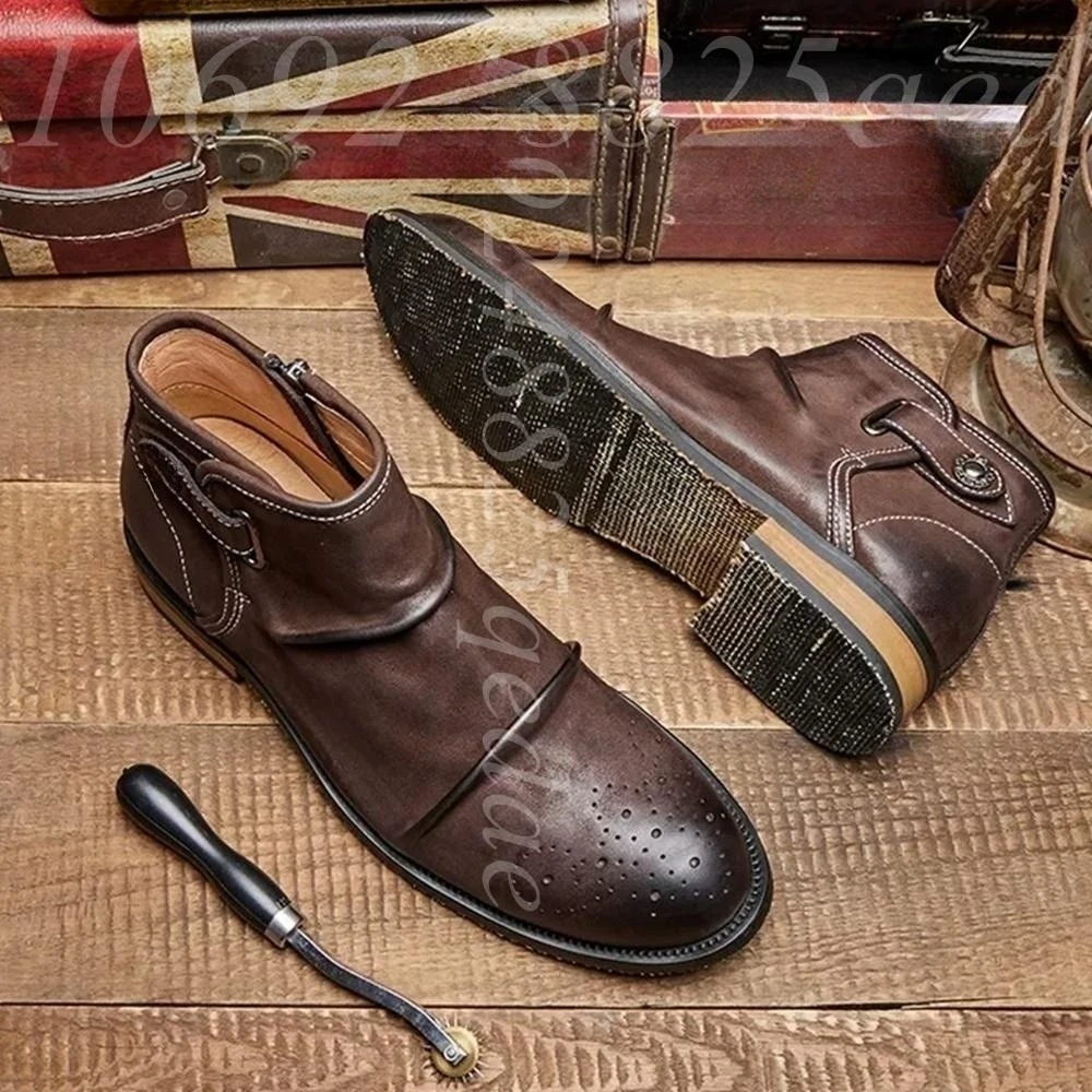 メンズブローグトゥアンクルブーツ、バックルストラップジッパー - Formal Men Daily Wear Footwear のレビューと価格