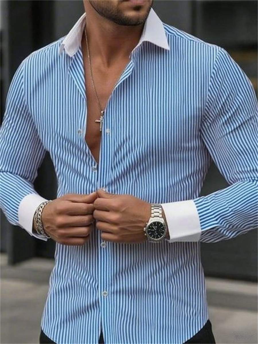 メンズスリムフィットストライプラペル長袖フォーマルシャツカラ - Men Formal Wear Shop のレビューと価格