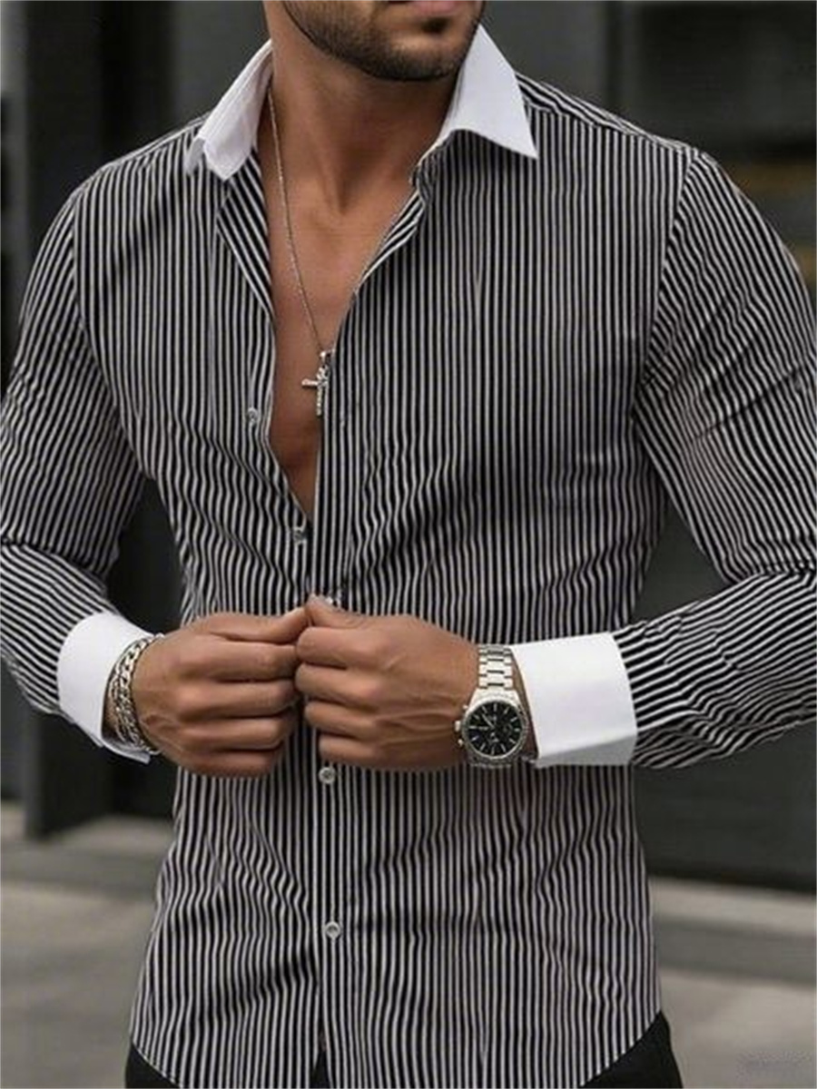 メンズスリムフィットストライプラペル長袖フォーマルシャツカラ - Men Formal Wear Shop のレビューと価格