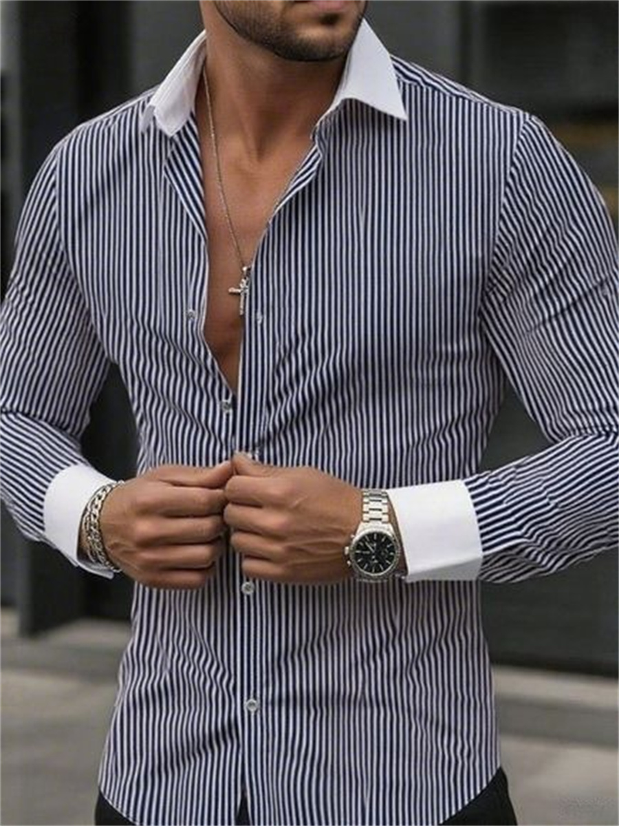 メンズスリムフィットストライプラペル長袖フォーマルシャツカラ - Men Formal Wear Shop のレビューと価格