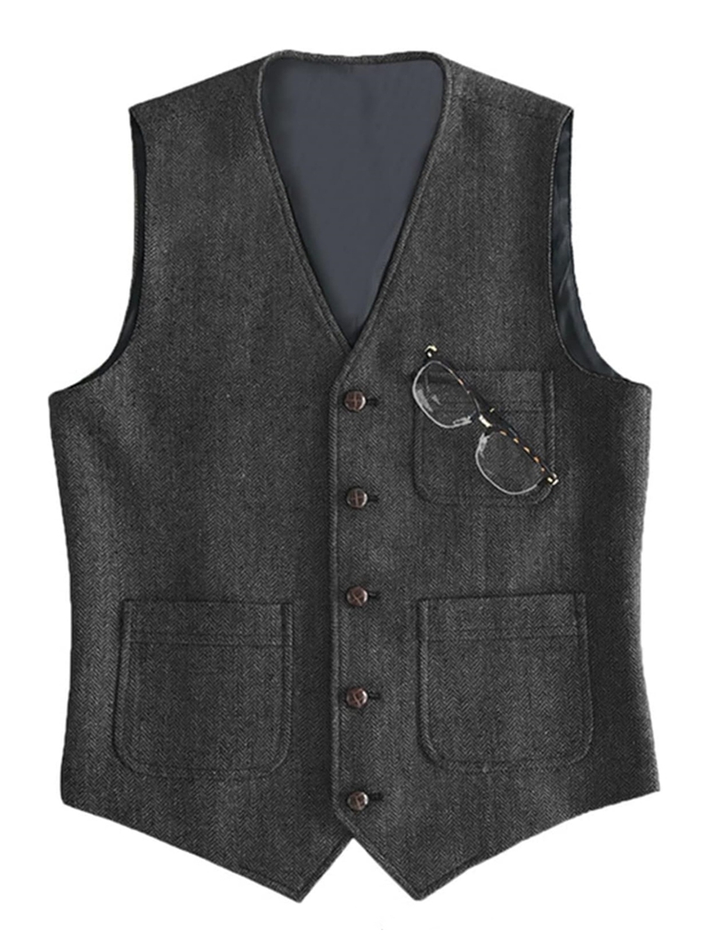 メンズスーツフォーマル V ネックウールグリーンヘリンボーン - Formal Vest Waistcoat のレビューと価格