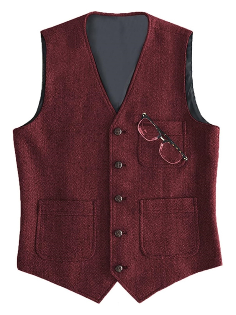 メンズスーツフォーマル V ネックウールグリーンヘリンボーン - Formal Vest Waistcoat のレビューと価格