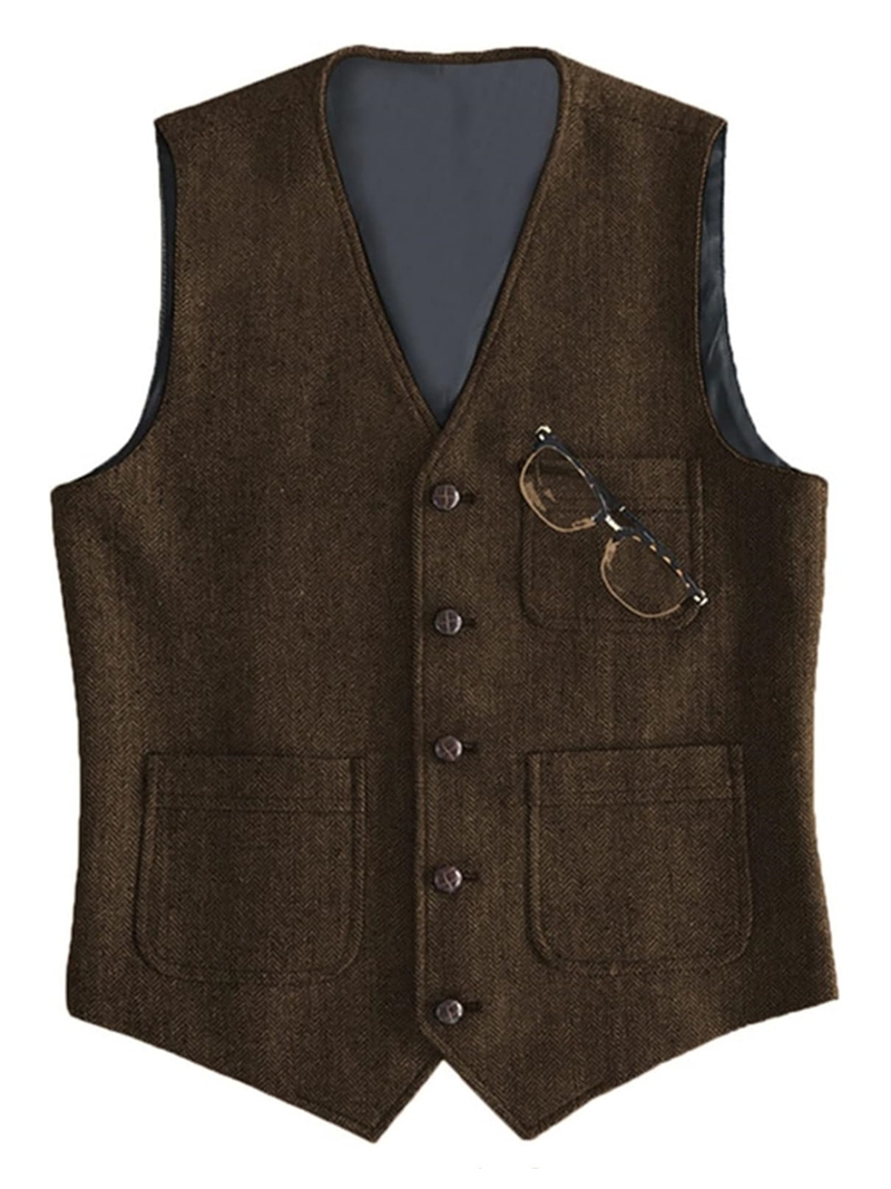 メンズスーツフォーマル V ネックウールグリーンヘリンボーン - Formal Vest Waistcoat のレビューと価格