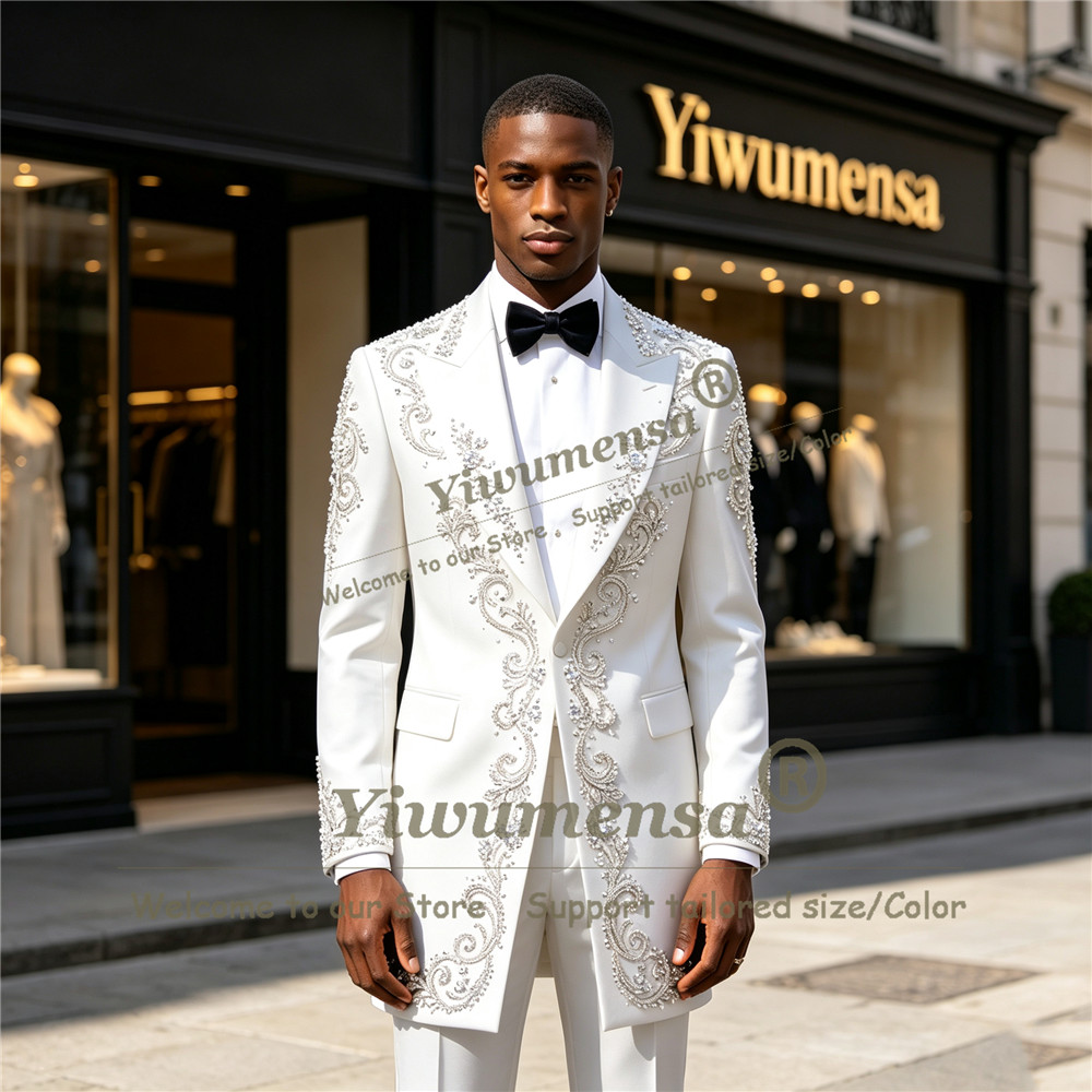 手作りクリスタルビーズ装飾スーツ メンズ カスタムメイド シ - Men Formal Wear Wedding のレビューと価格