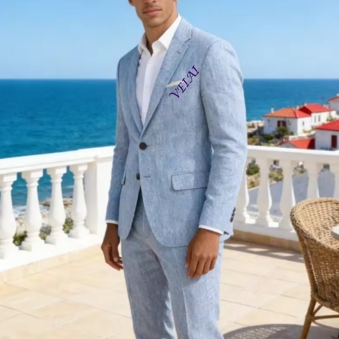 カスタマイズされたソフトスカイブルーリネン2ピーススーツ、ス - Men'S Formal Beach Wear のレビューと価格