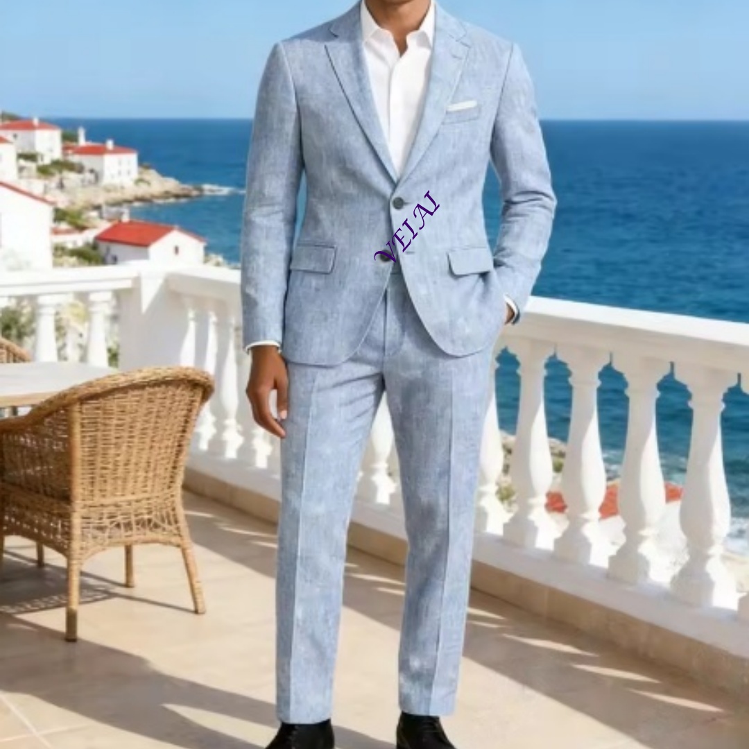 カスタマイズされたソフトスカイブルーリネン2ピーススーツ、ス - Men'S Formal Beach Wear のレビューと価格