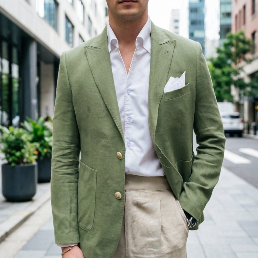 リネンセージグリーンメンズスーツ2ピーススリムフィットシング - Men'S Semi Formal Office Wear のレビューと価格