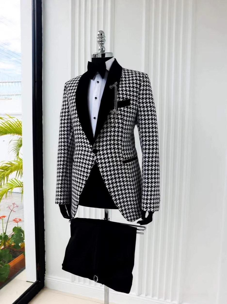 エレガントなハウンドトゥース柄のメンズカスタムスーツ 2ピー - Men Formal Wear Clothes のレビューと価格
