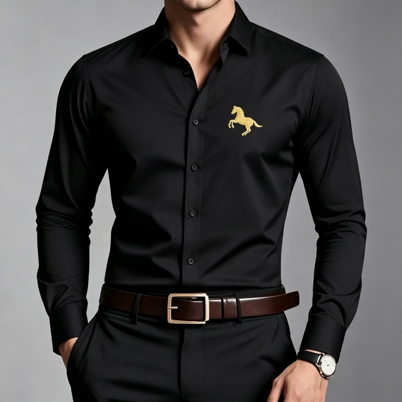 エレガントな金馬ロゴプリントメンズシャツ、スリムフィット長袖 - Men Formal Wear Shop のレビューと価格