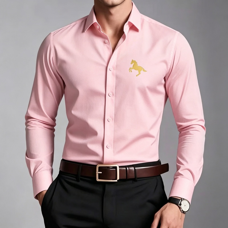 エレガントな金馬ロゴプリントメンズシャツ、スリムフィット長袖 - Men Formal Wear Shop のレビューと価格