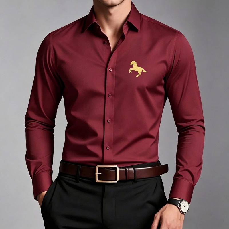 エレガントな金馬ロゴプリントメンズシャツ、スリムフィット長袖 - Men Formal Wear Shop のレビューと価格