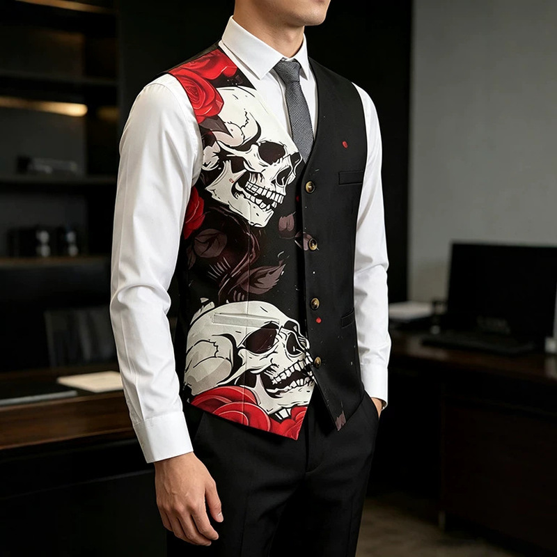 メンズスーツベスト トレンディクール スカルローズプリント  - Men'S Gothic Formal Wear のレビューと価格