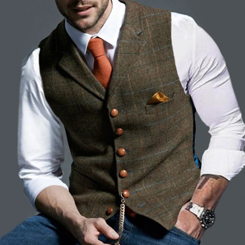男性のためのファッショナブルなツイードチェッカーネックベスト - Formal Vest Waistcoat のレビューと価格
