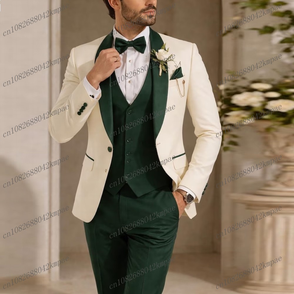 新作アイボリーとダークグリーンのフォーマルメンズスーツ、新郎 - Men Formal Wear Wedding のレビューと価格