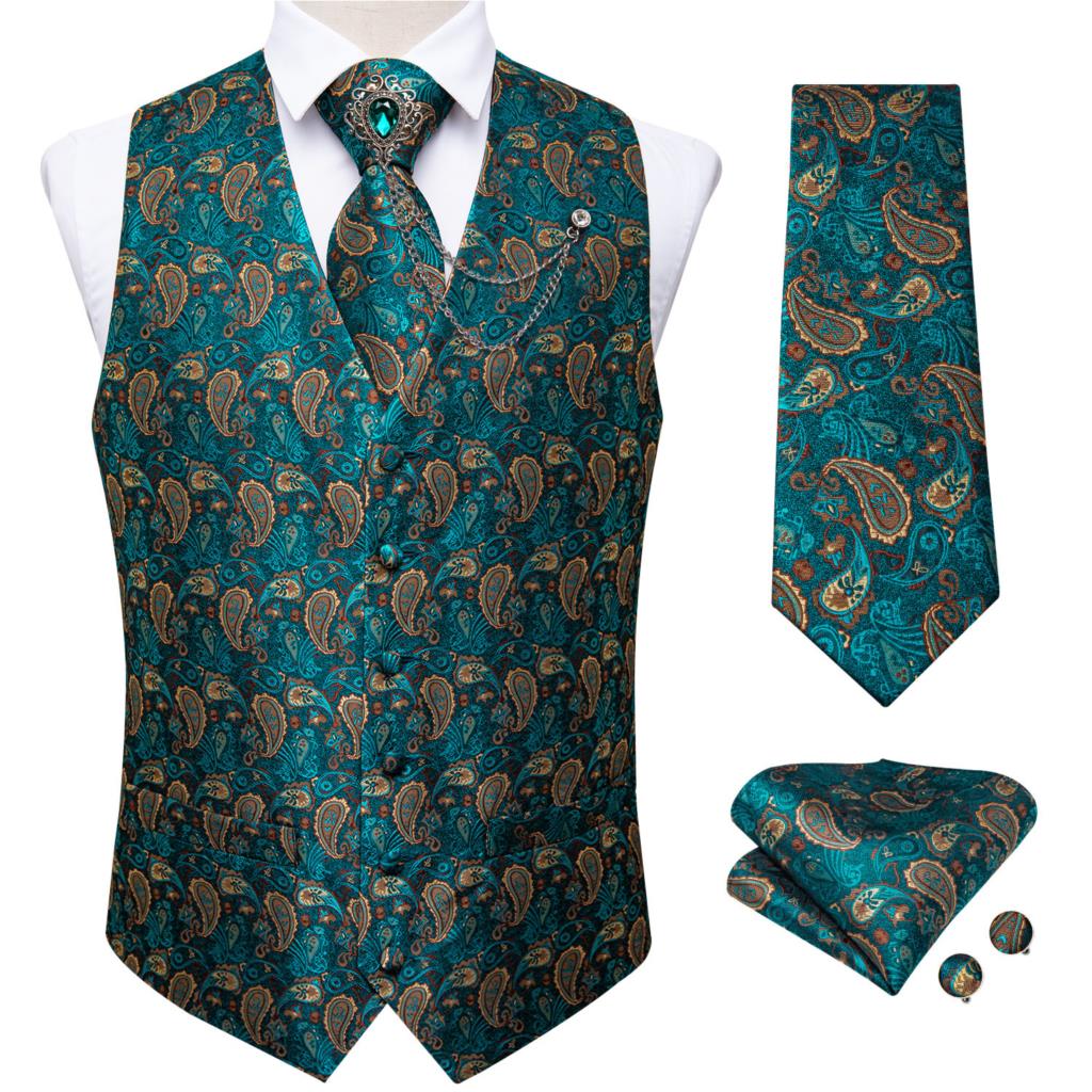 新しいティールグリーンのペイズリー柄フォーマルドレスベスト  - Formal Vest Waistcoat のレビューと価格