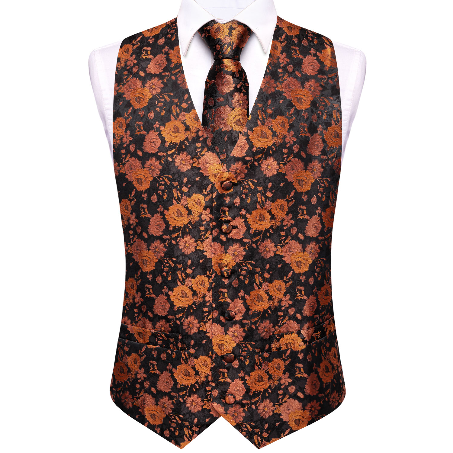 ブラックブラウン花柄メンズベスト5点セット、ベスト、ネクタイ - Formal Vest Waistcoat のレビューと価格