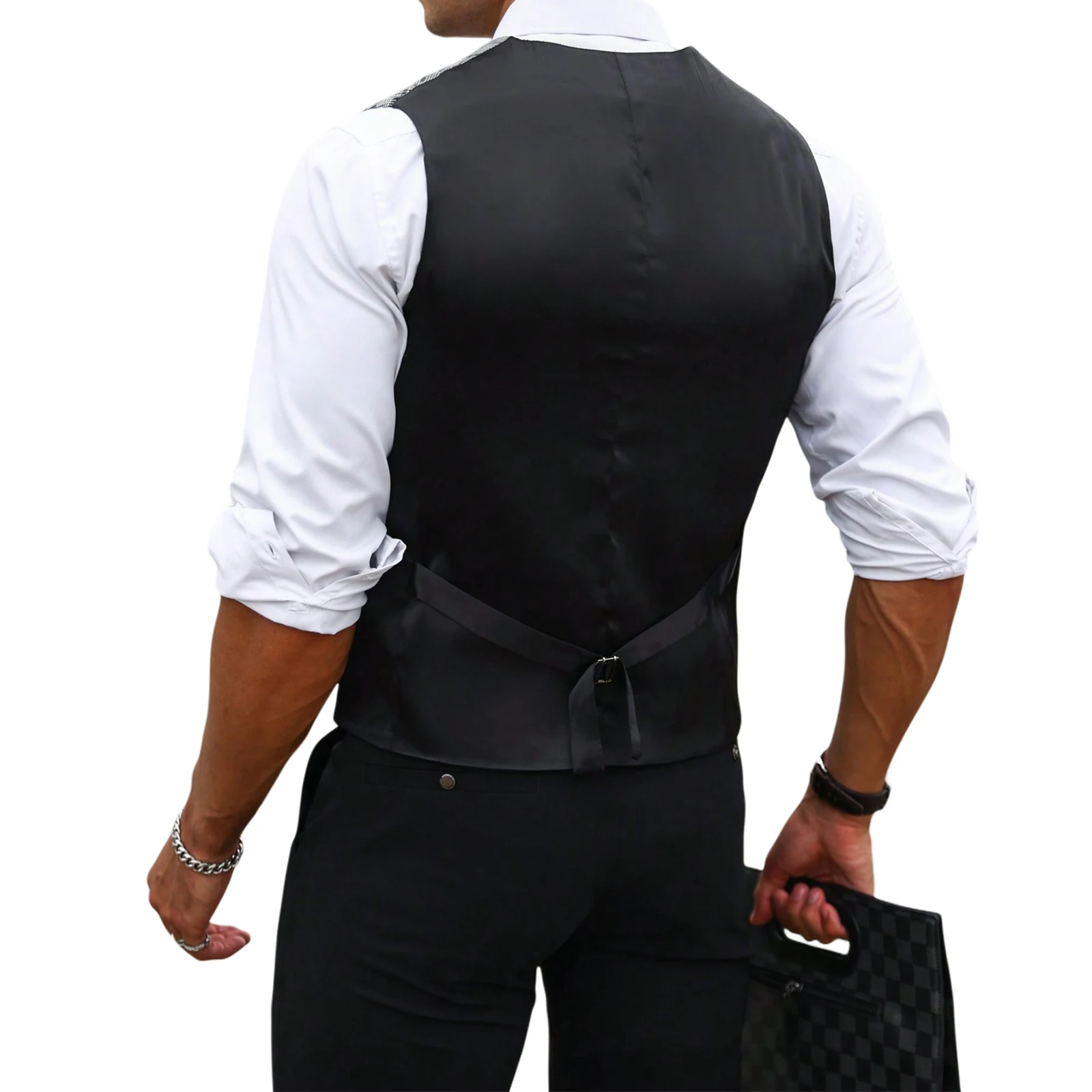 男性グレーチェック柄スーツベストスリムフィット V ネックシ - Formal Vest Waistcoat のレビューと価格