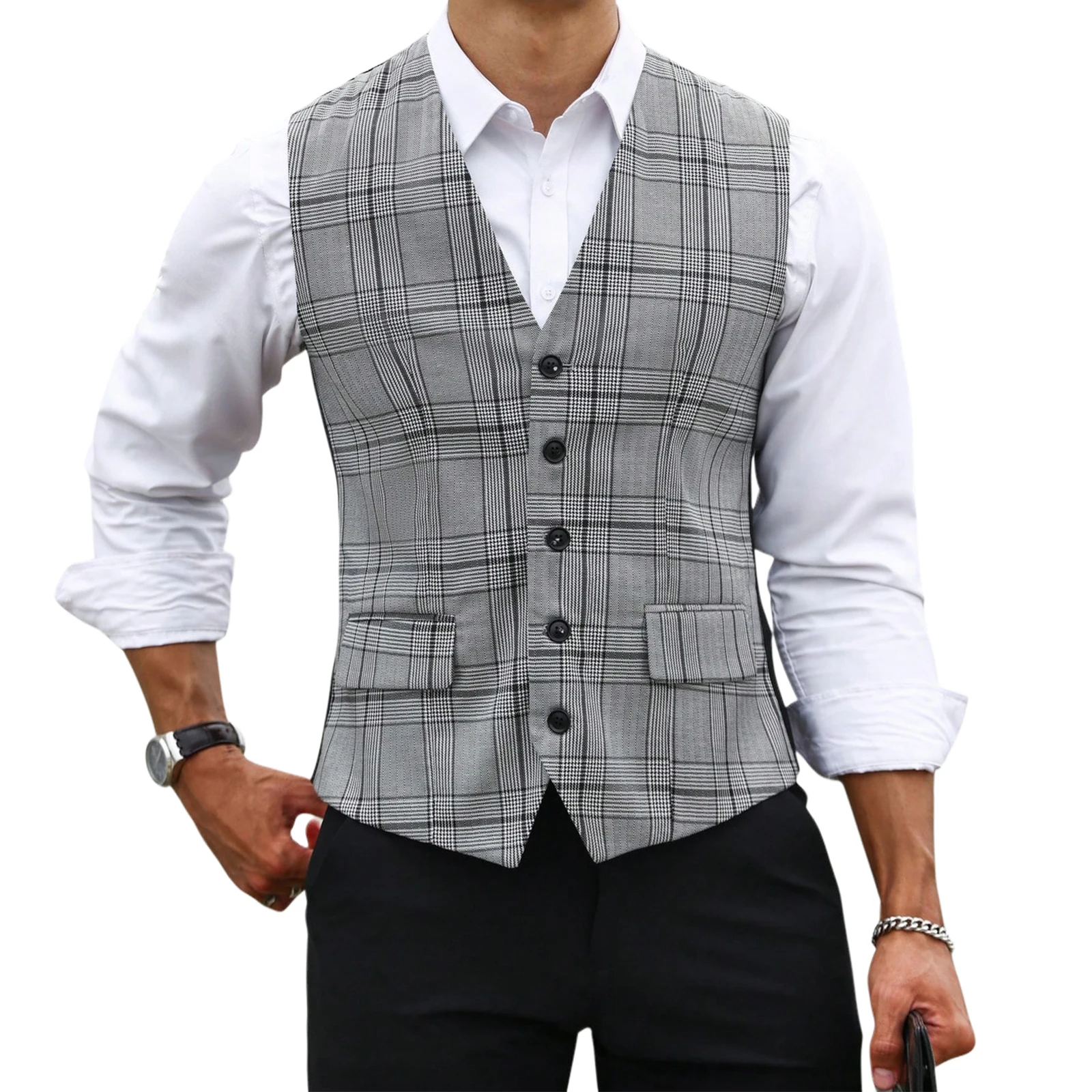 男性グレーチェック柄スーツベストスリムフィット V ネックシ - Formal Vest Waistcoat のレビューと価格