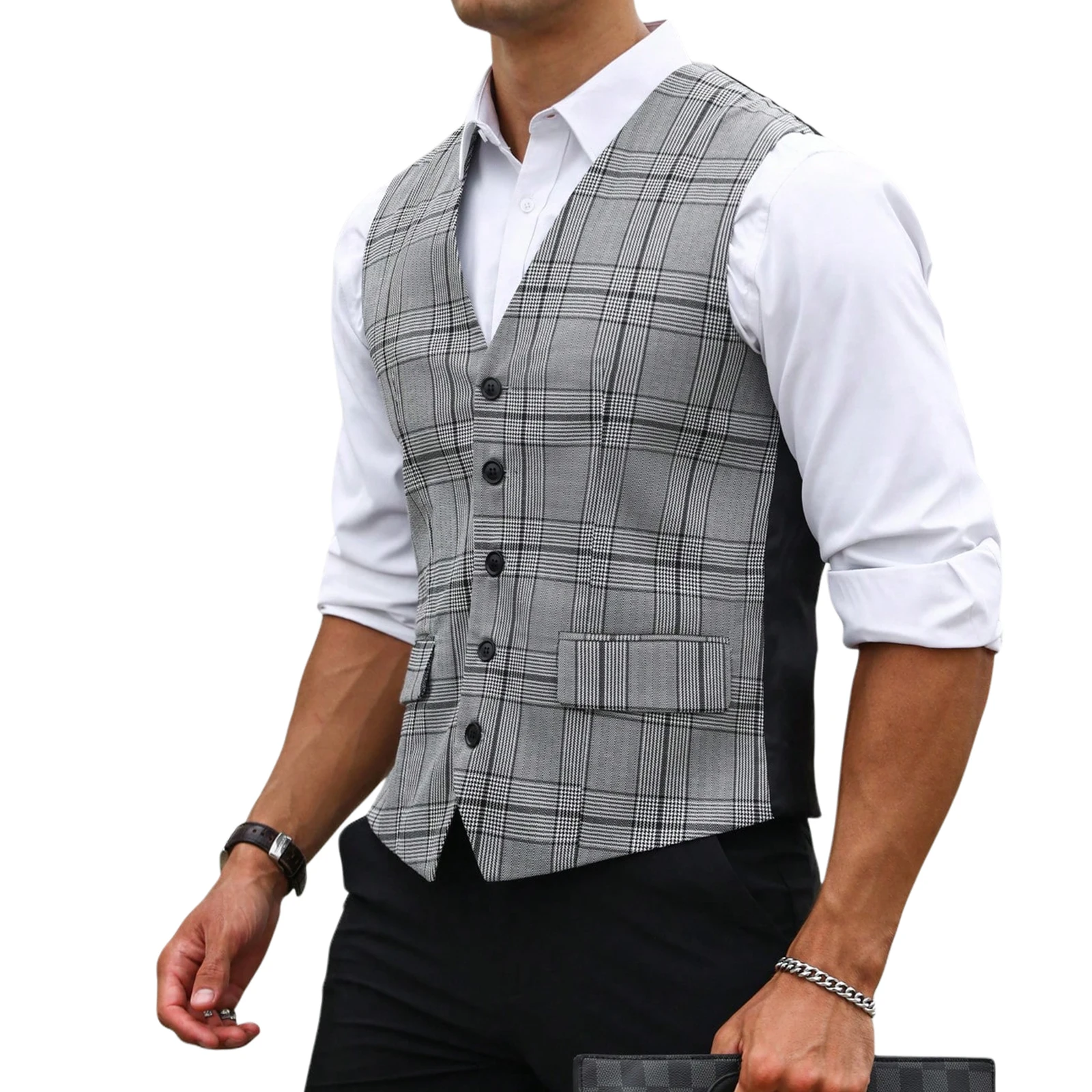 男性グレーチェック柄スーツベストスリムフィット V ネックシ - Formal Vest Waistcoat のレビューと価格